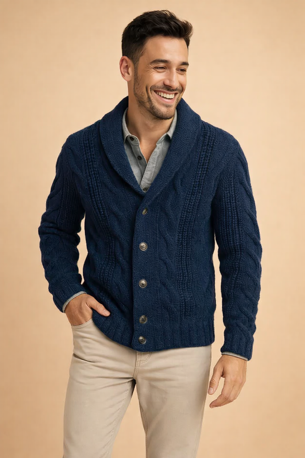 Męski kardigan Alaric na guziki. Elegancki, casualowy sweter na jesień/zimę. Modny i komfortowy styl na co dzień.