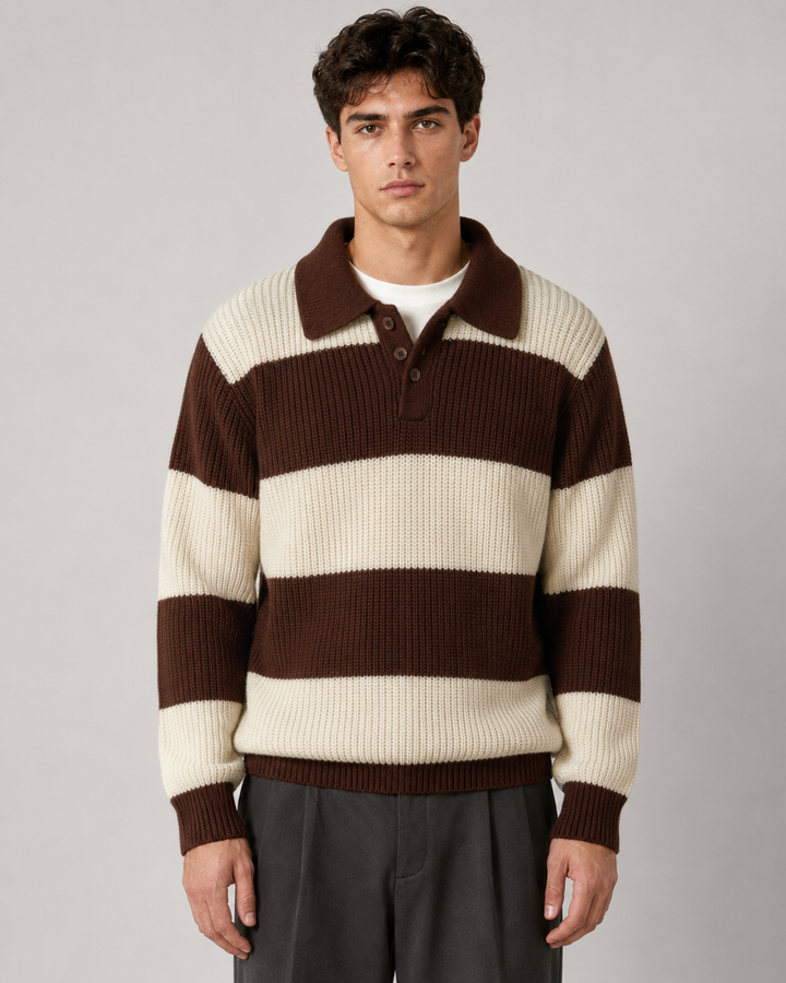 Męski sweter polo w paski, prążkowany. Klasyczny i wygodny na jesień/zimę. Modny styl casual.