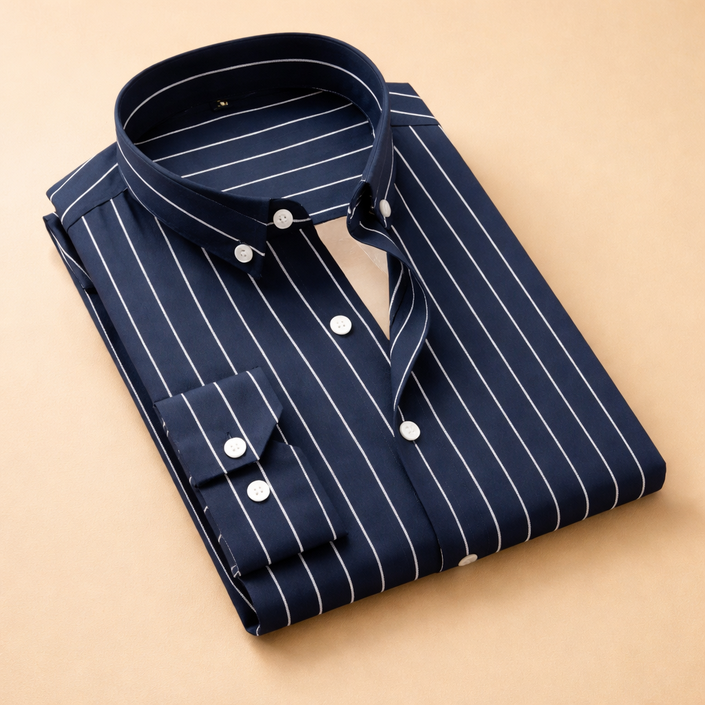 Męska koszula w pionowe paski, elegancka, dopasowana, na co dzień i smart casual.