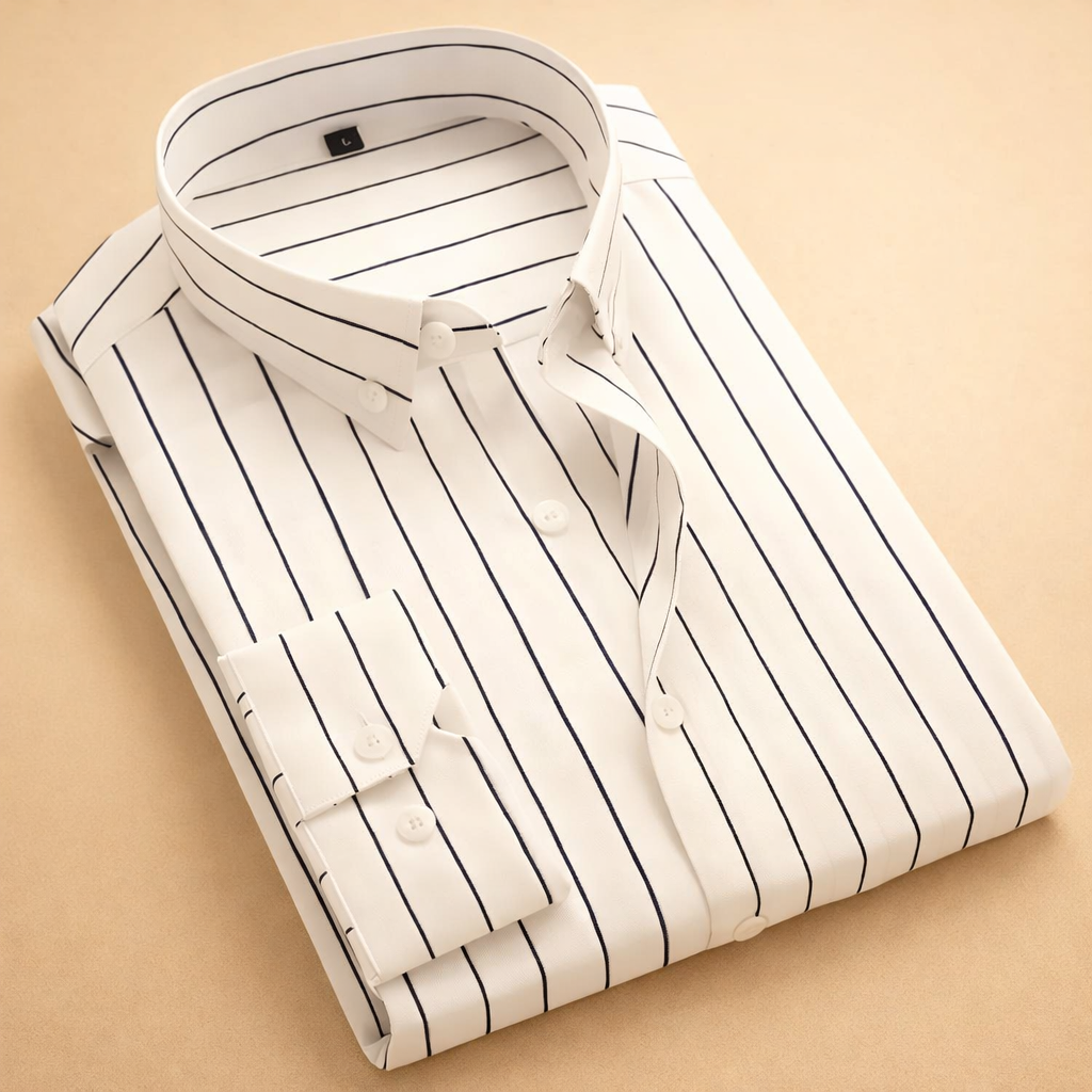 Dopasowana koszula męska w pionowe paski, elegancki slim fit, do biura i na spotkania.