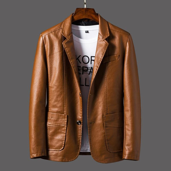 Modny męski blazer skórzany Leonardo w kolorze czerwonego wina. Elegancka marynarka męska, stylowa odzież dla mężczyzn.