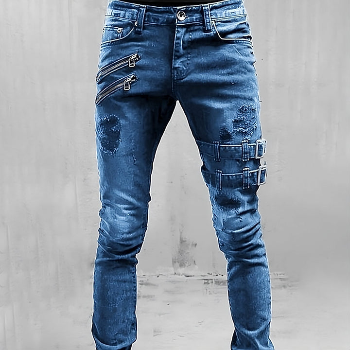Męskie dżinsy TitanEdge z klamrami i suwakami, idealne do streetwearu i casualowych stylizacji.