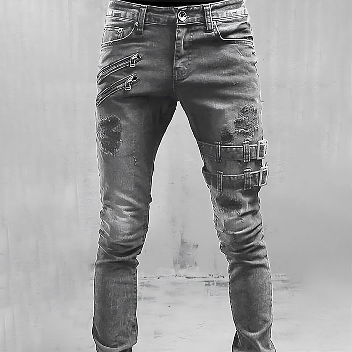 Męskie spodnie jeansowe TitanEdge z oryginalnymi klamrami i suwakami, podkreślające streetwearowy styl.