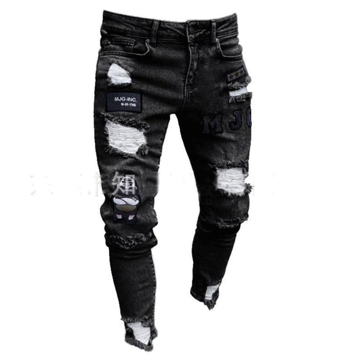 Niebieskie męskie jeansy slim fit z przetarciami. Modne casualowe spodnie męskie do miejskich stylizacji.