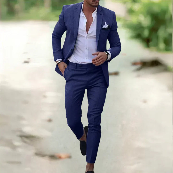 Elegancki męski garnitur slim fit Milan na wesele. Modny, letni look dla nowoczesnego mężczyzny.