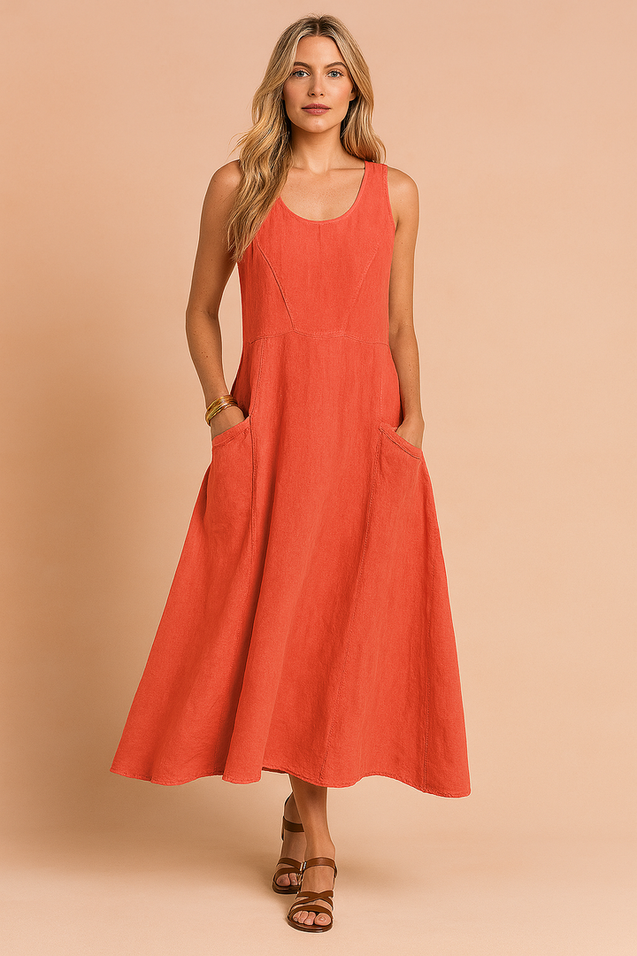 Modna letnia sukienka damska maxi, oversize, z kieszeniami. Luźny, swobodny fason.