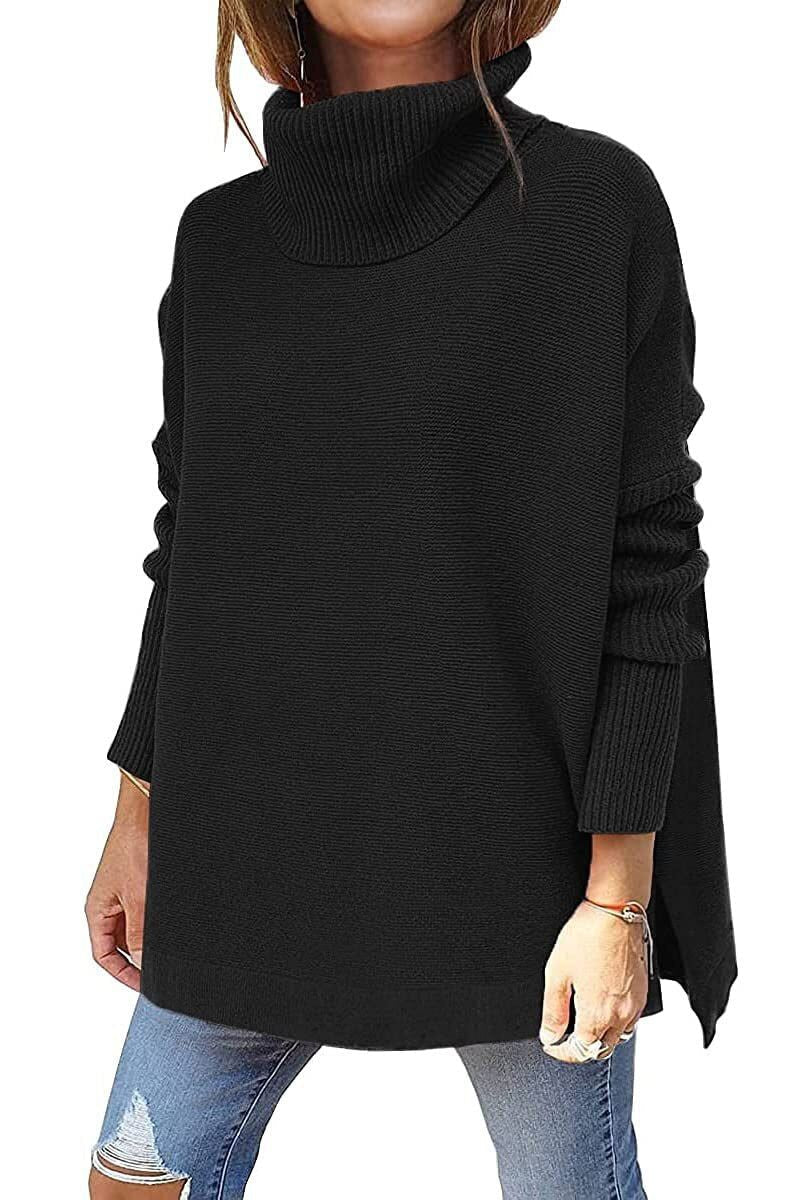 Modny damski sweter z golfem Amara, luźny krój, noszony przez modelkę, komfortowy na zimę.