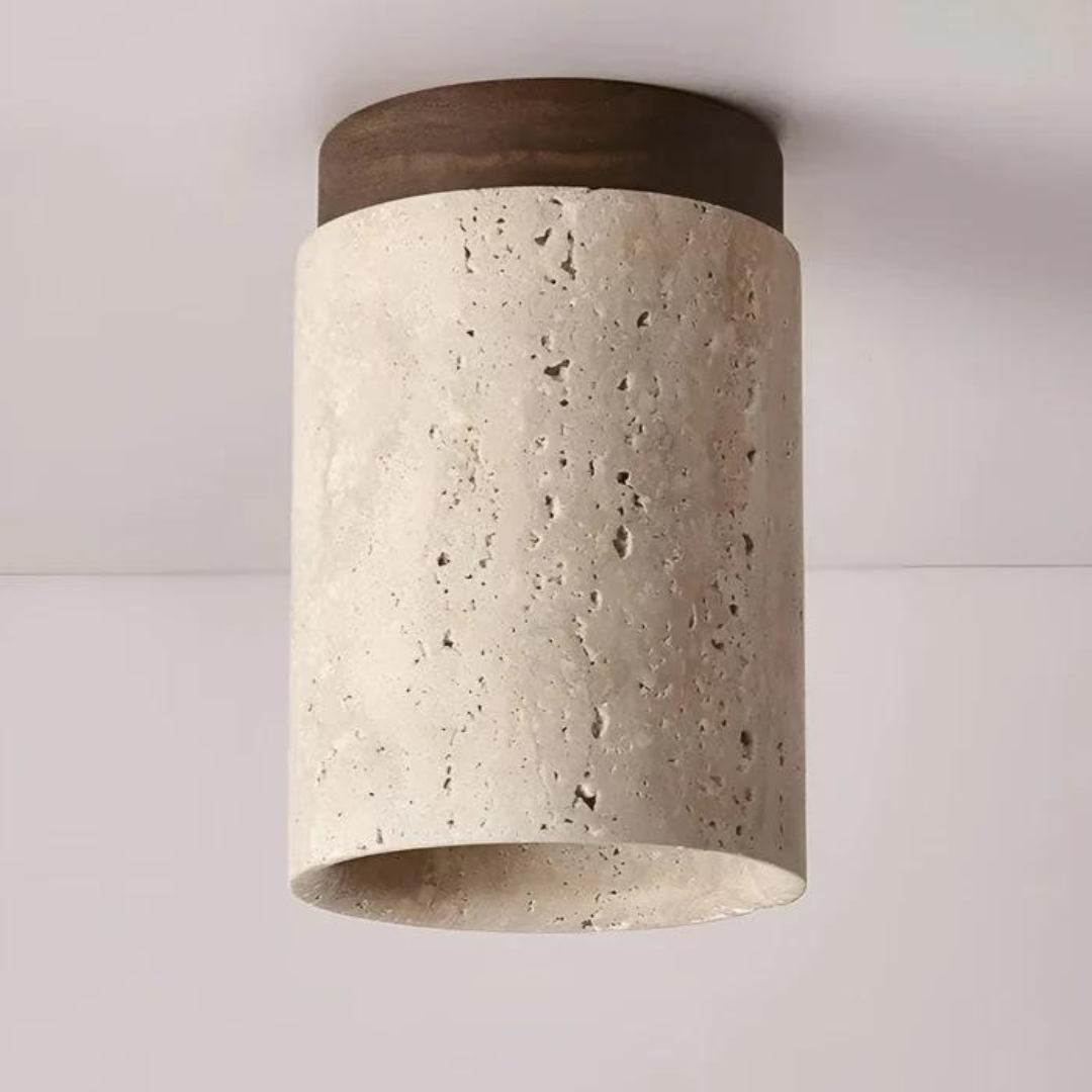 Okrągła lampa sufitowa LED z teksturą inspirowaną trawertynem. Japoński styl Wabi Sabi, minimalistyczny.