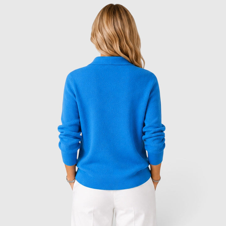 Damski kardigan smart casual z guzikami. Elegancki sweter z kołnierzykiem, do codziennego i biurowego looku.