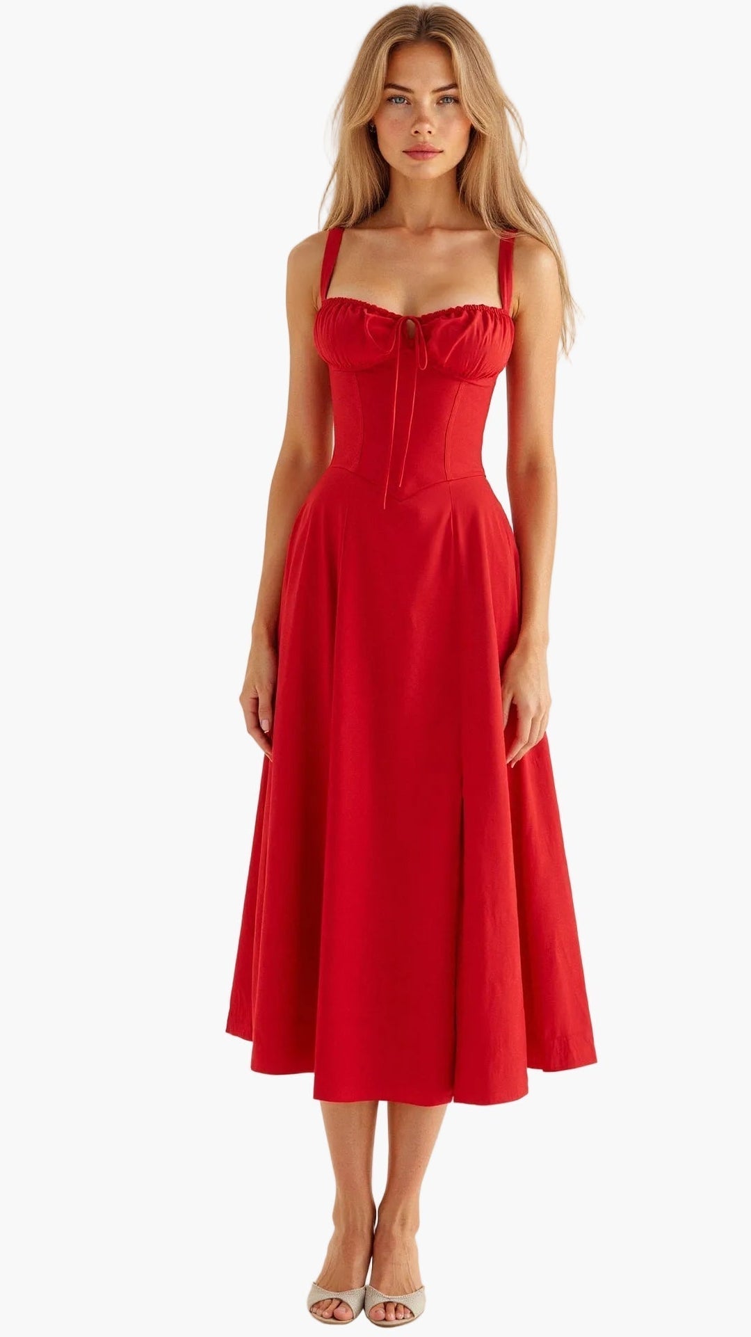 Elegancka sukienka midi z rozcięciem i gorsetową górą, must-have w letniej garderobie.