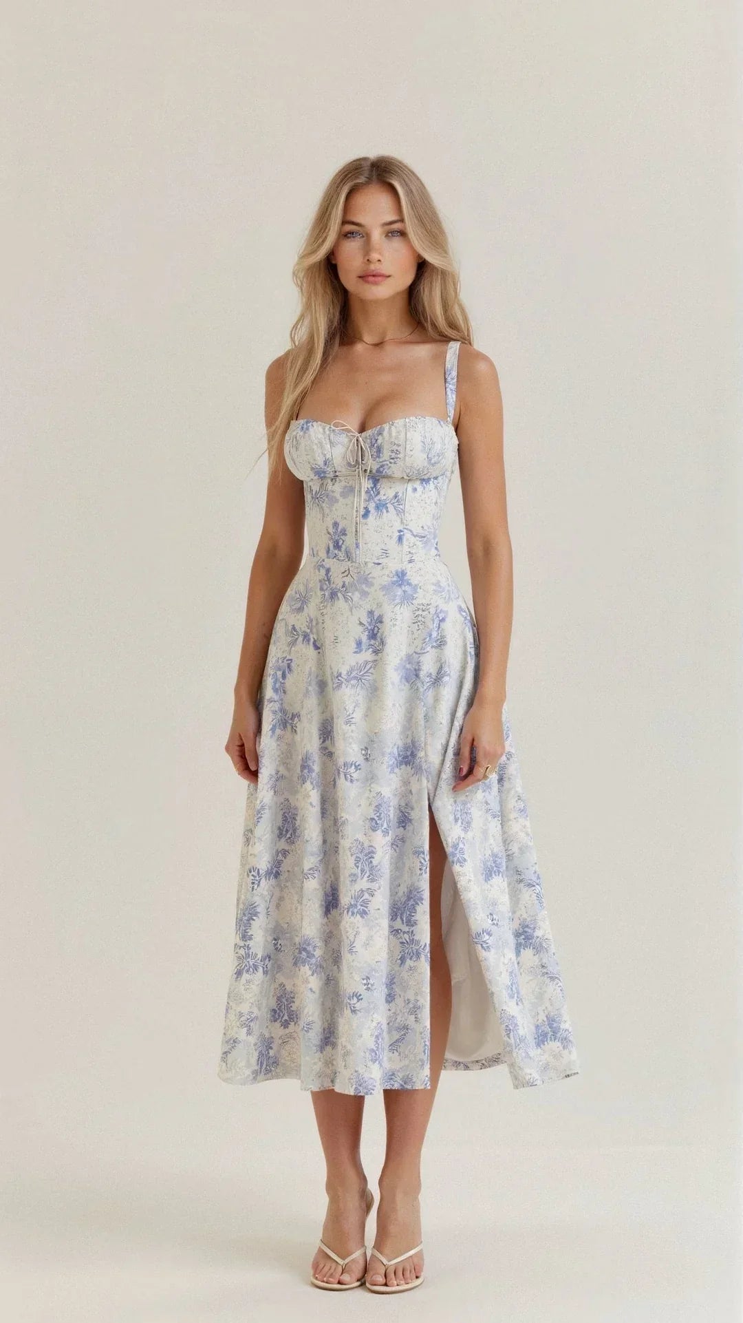 Damska sukienka midi w kwiaty na ramiączkach, z rozcięciem. Letnia, elegancka i casualowa sukienka damska.