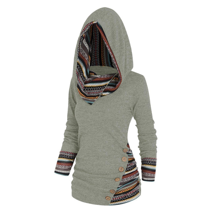 Jesienny damski sweter rozpinany z kapturem i modnym wzorem tribal. Idealny do casualowych stylizacji.