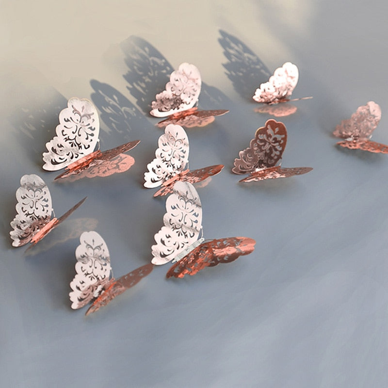 Srebrne metaliczne motyle 3D, elegancka ozdoba ścienna, samoprzylepna.
