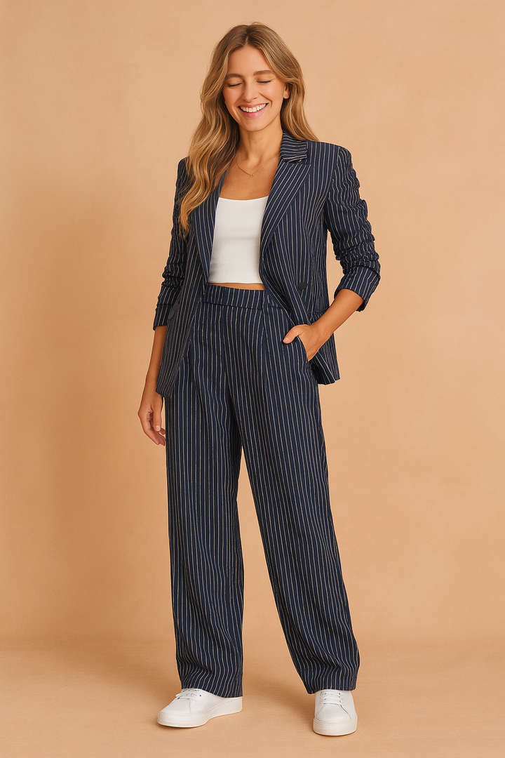 Dwuczęściowy damski komplet w paski. Krótka marynarka (blazer cropped) i spodnie. Idealny na casualowe i biurowe okazje.