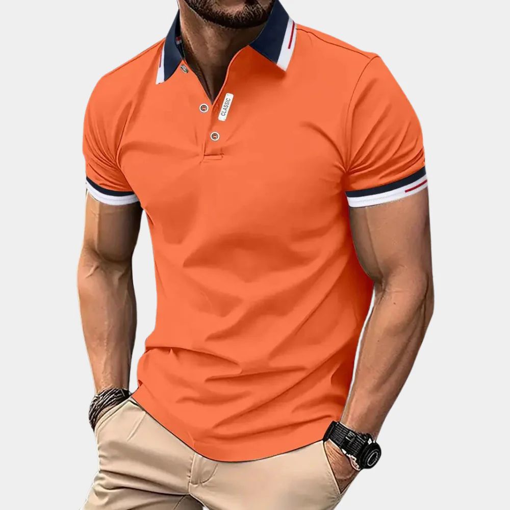 Męska pomarańczowa koszulka polo. Stylowa, modna i komfortowa na lato. Idealna do casualowych stylizacji.