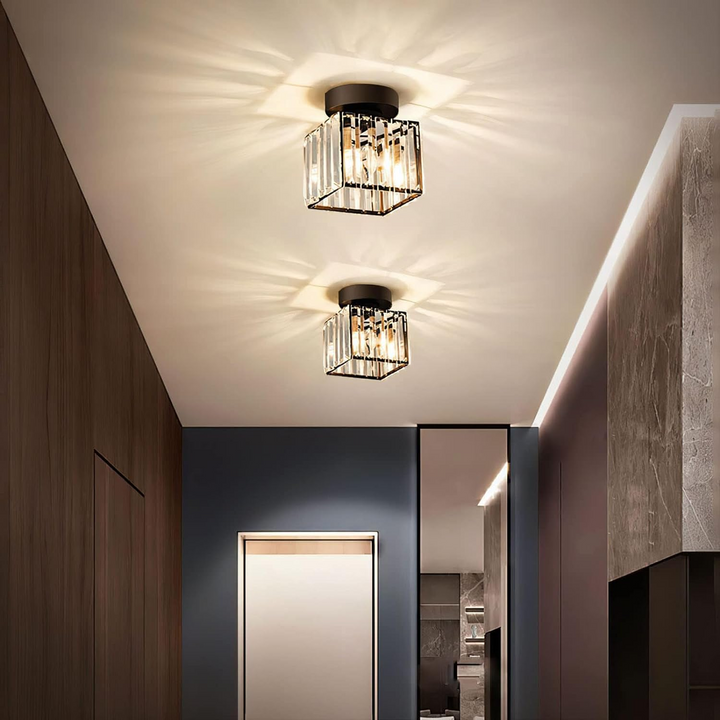 Stylowa czarna lampa sufitowa LED z kryształami, eleganckie oświetlenie domu.