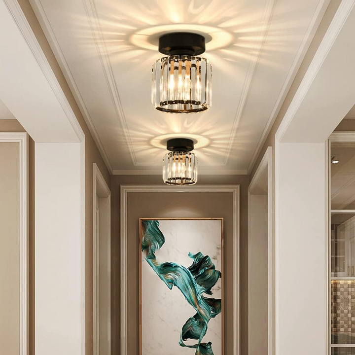 Elegancka kryształowa lampa sufitowa LED, oświetlenie do sypialni, ciepłe światło.