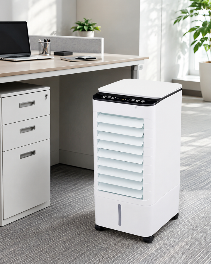 Kompaktowy klimatyzator przenośny 3w1 do domu/biura. Bezokienny, zapewnia chłodzenie i nawilżanie powietrza.