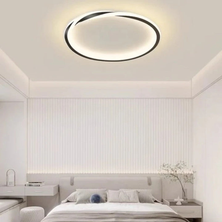 Nowoczesna okrągła lampa sufitowa LED, ściemniana. Idealna do sypialni, minimalistyczny design.
