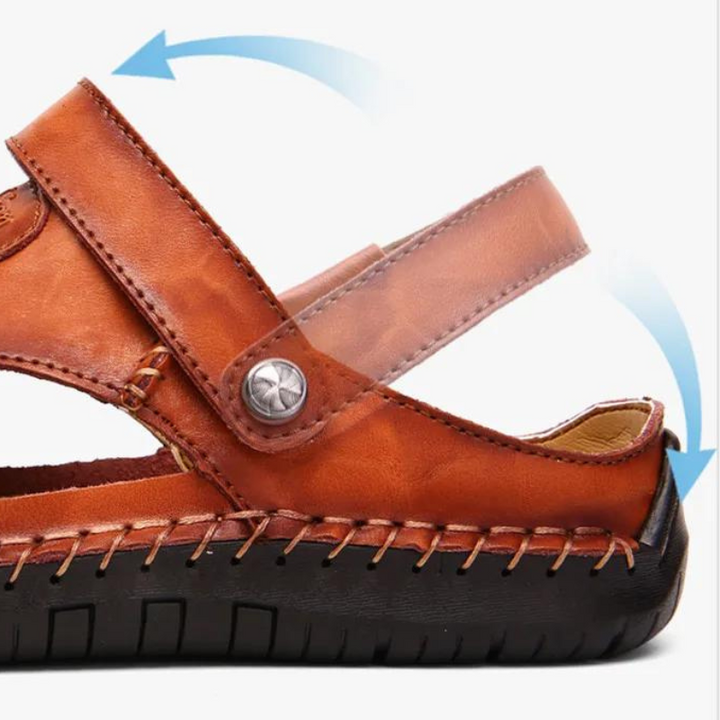 Slip-on sandały ortopedyczne Marco. Czarne, skórzane męskie letnie buty z ochroną palców.