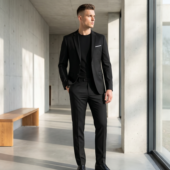 Nowoczesny męski zestaw garniturowy, elegancka marynarka i spodnie, perfekcyjny na formalne wyjścia.
