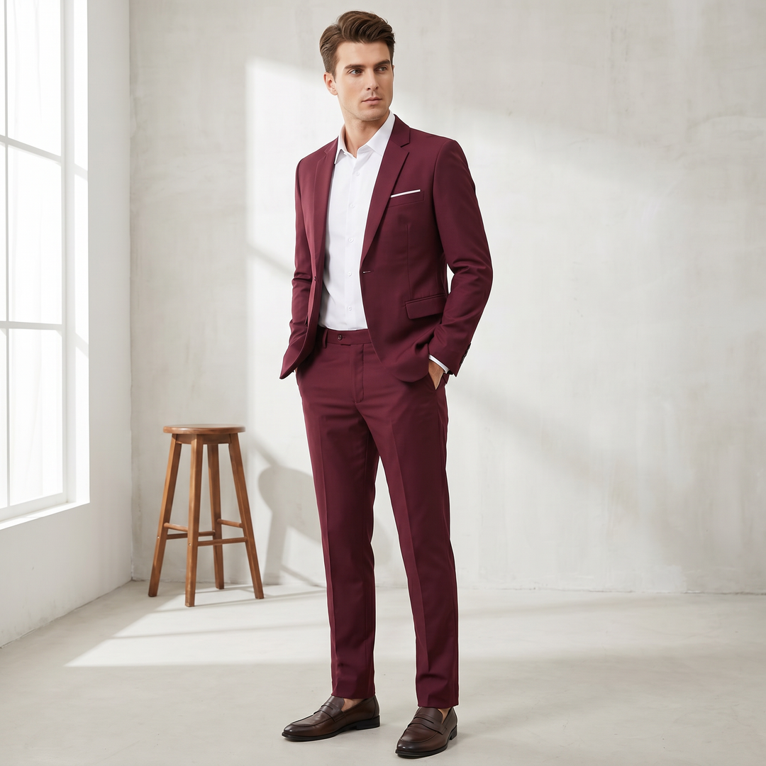 Klasyczny garnitur męski slim fit, uniwersalny elegancki ubiór na różne uroczystości.
