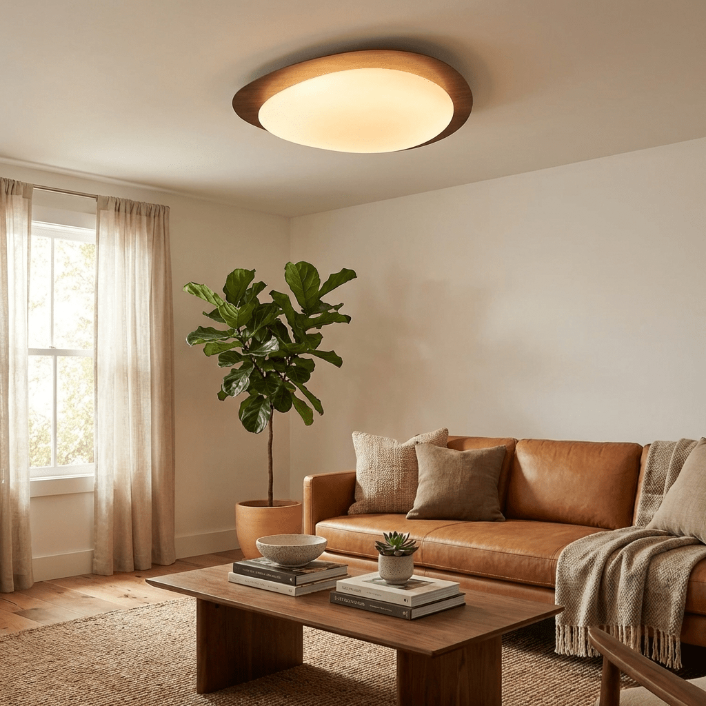Minimalistyczna lampa LED, drewniane wykończenie. Plafon sufitowy z ciepłym światłem.