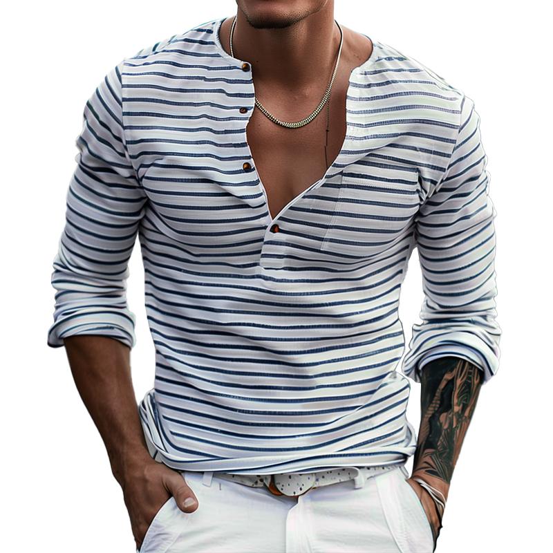 Męski pasiasty t-shirt Henley z długim rękawem, komfortowy i modny styl casualowy.