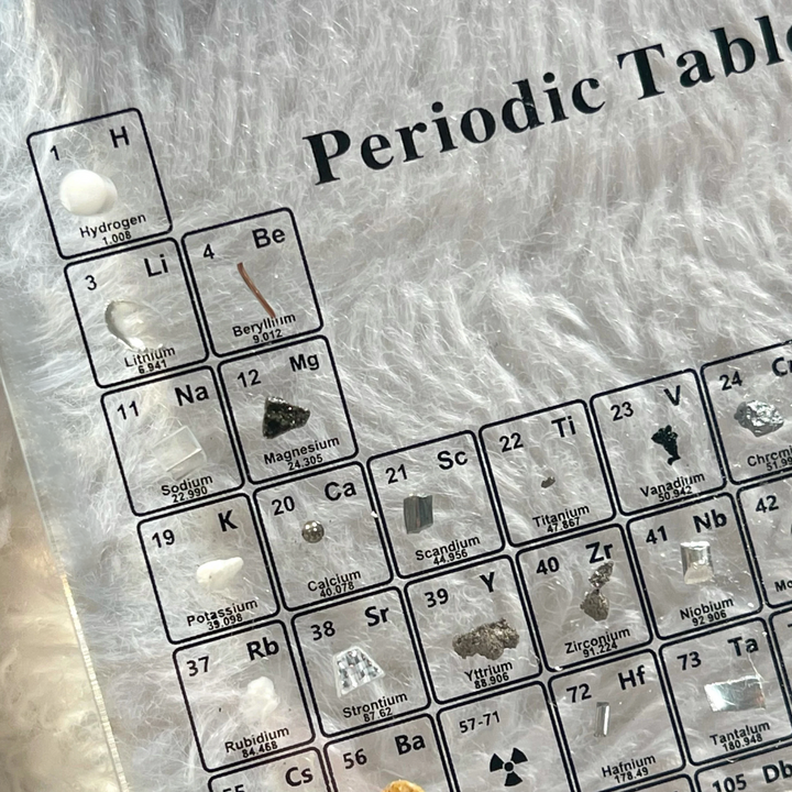 Prezent dla chemika: podświetlana tablica okresowa z kolekcją prawdziwych pierwiastków, akrylowa.