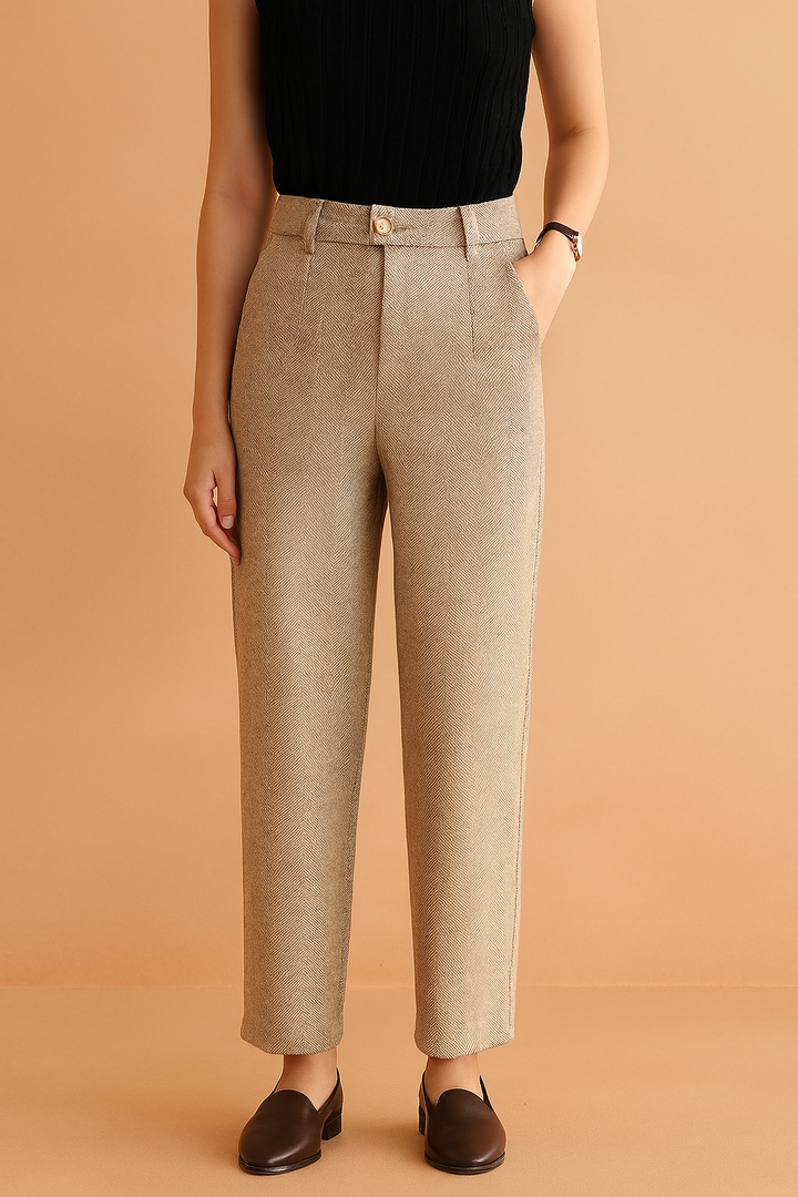 Damskie spodnie khaki zwężane z kantem, do biura. Elegancki krój z wysokim stanem, idealne na smart casual.