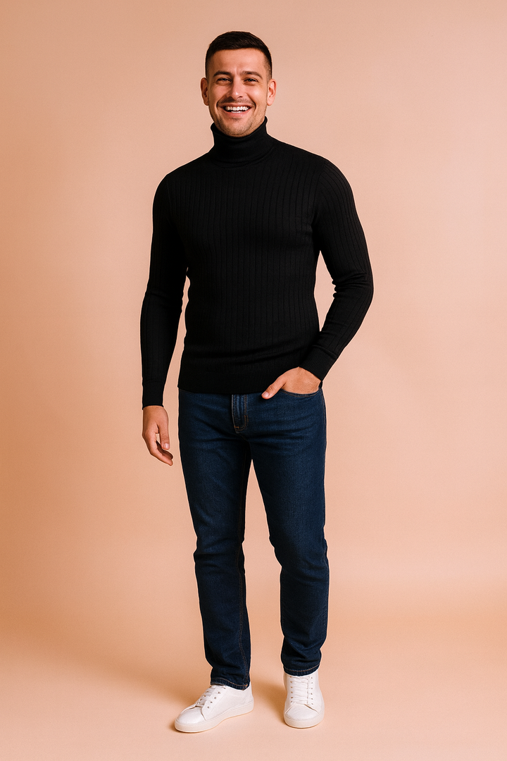 Czarny męski golf zimowy, uniwersalny i elegancki, element jesienno-zimowej garderoby.