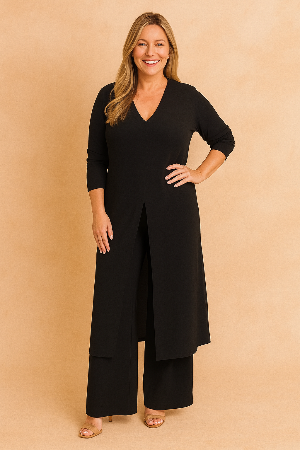 Stylowy komplet damski EMELIA. Dwuczęściowy strój z tuniką i spodniami wide leg na każdą okazję.