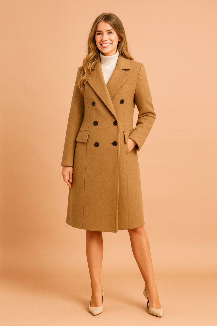 Klasyczny czarny płaszcz damski zimowy, długi i dwurzędowy. Modny i elegancki wybór na chłodne dni.