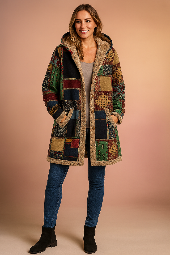 Oryginalna damska kurtka patchwork boho z kapturem, długi krój i wzory, ciepła na zimę.