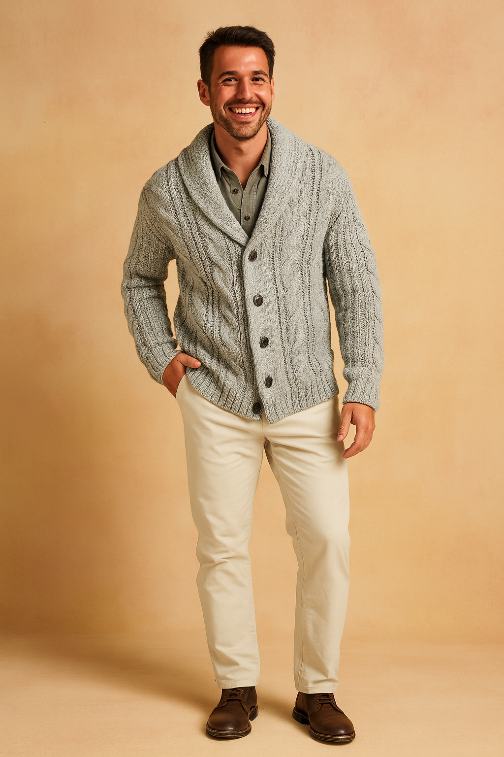 Męski sweter kardigan Alaric na guziki. Elegancki i casualowy, z kołnierzem szalowym, na jesień i zimę.