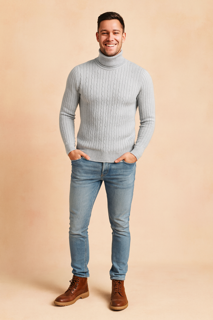 Klasyczny męski golf sweter, idealny do warstwowych stylizacji na zimę i jesień, modny.