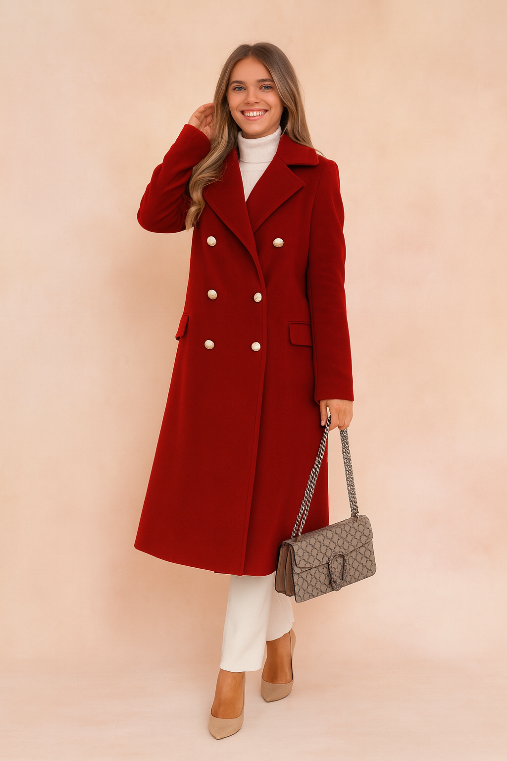 Elegancki długi płaszcz damski, idealny na zimę i jesień. Dostępny w kolorze czerwonym. Moda zimowa.