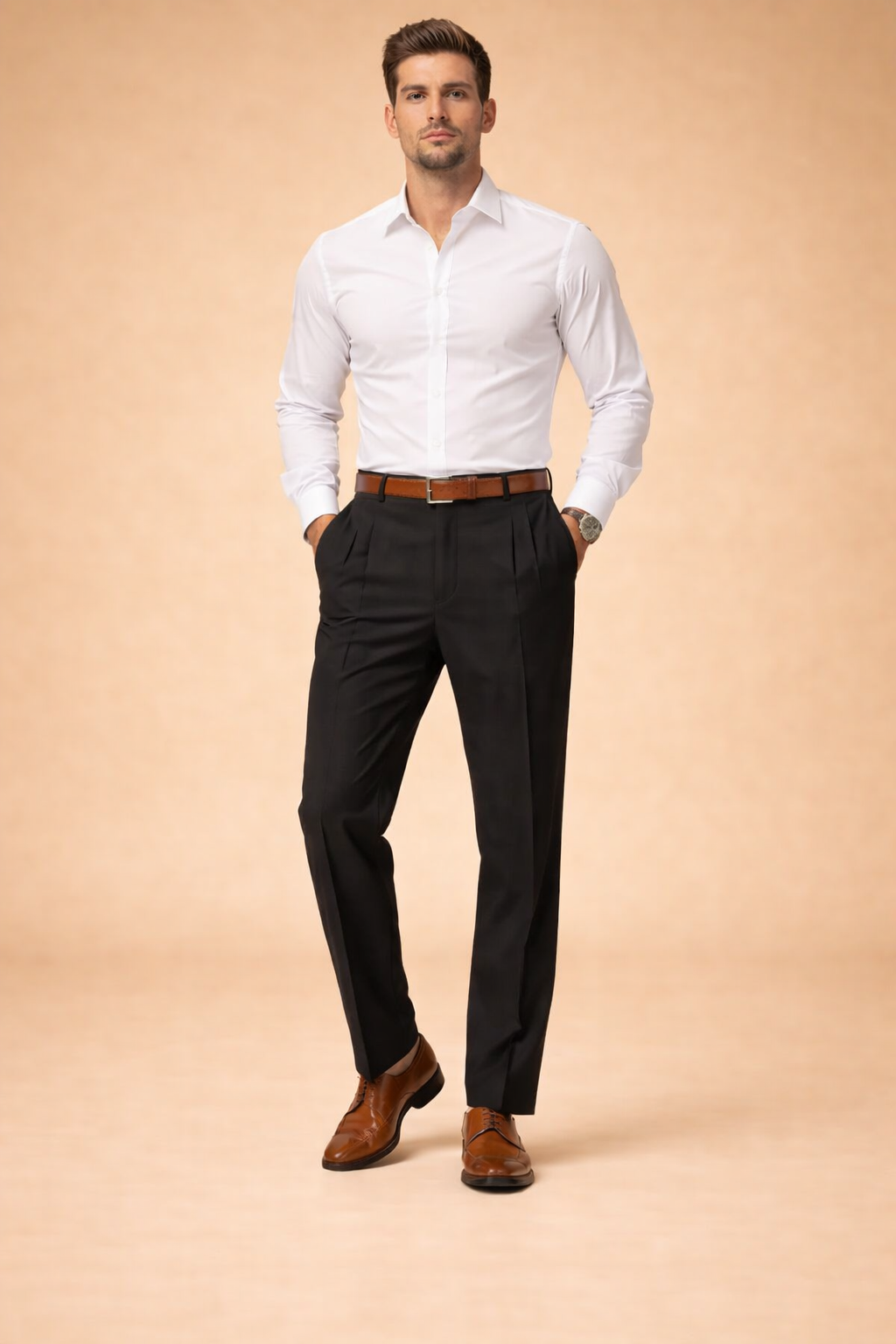 Męskie spodnie garniturowe, slim-fit, czarne. Wysokiej jakości materiał, zapewniający komfort i elegancki wygląd na co dzień.