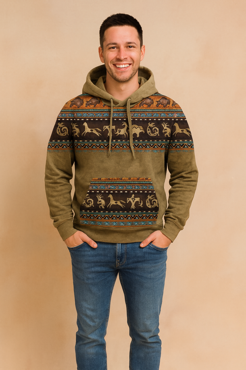 Zbliżenie na męską bluzę z kapturem vintage. Detale plemiennych wzorów i kieszeni kangurki. Modny styl.
