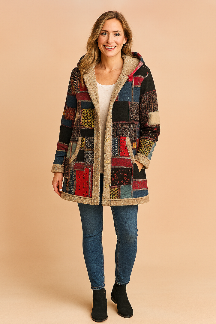 Damska zimowa kurtka patchwork w stylu boho, z kapturem i wzorami, długi fason, idealna na chłodne dni.