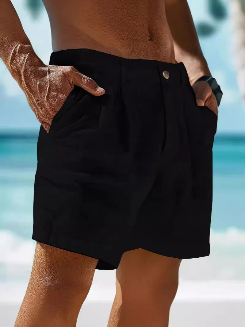 Męskie, przewiewne szorty letnie Jonas z lnu, stylowe i wygodne do casualowych stylizacji.