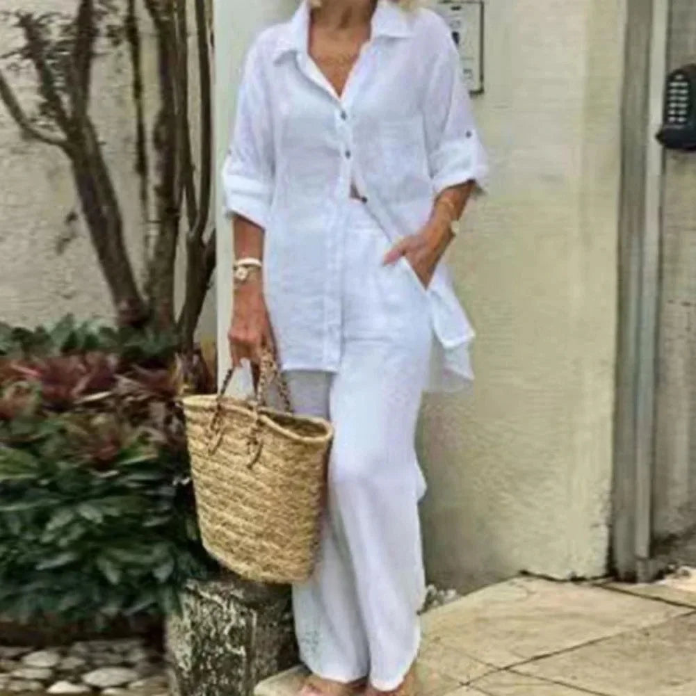 Wygodny, casualowy zestaw oversize dla kobiet: bluzka i luźne spodnie. Lniany, swobodny styl na lato.