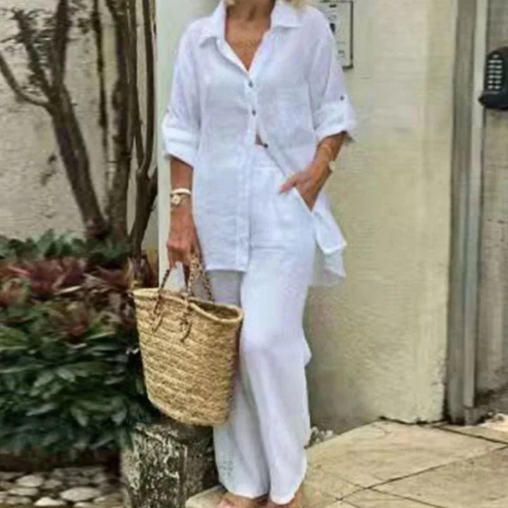 Wygodny, casualowy zestaw oversize dla kobiet: bluzka i luźne spodnie. Lniany, swobodny styl na lato.