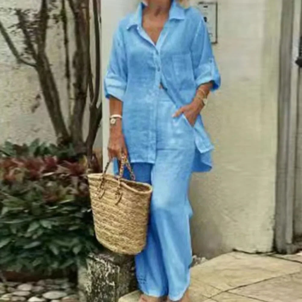 Damski letni zestaw oversize: modna bluzka i luźne spodnie. Idealny na co dzień, wygodny i stylowy.
