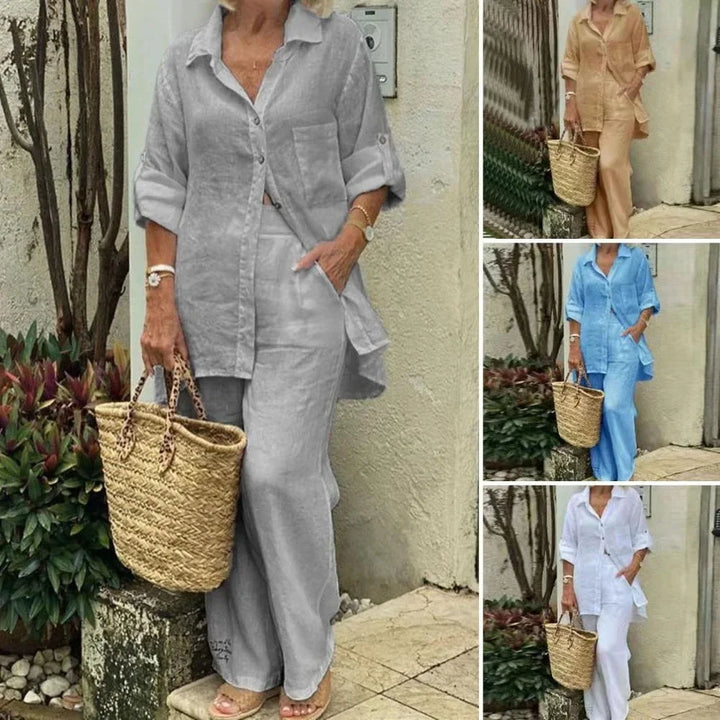 Letni zestaw oversize: bluzka i spodnie damskie. Modny, luźny krój zapewniający wygodę w upalne dni.
