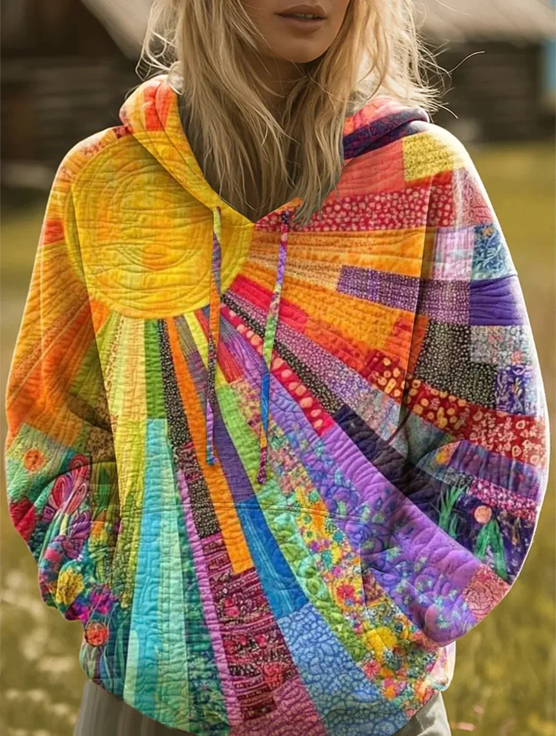 Damska bluza patchworkowa boho z kapturem, wielokolorowa, oversize, idealna na wiosnę/jesień i festiwalowe stylizacje.