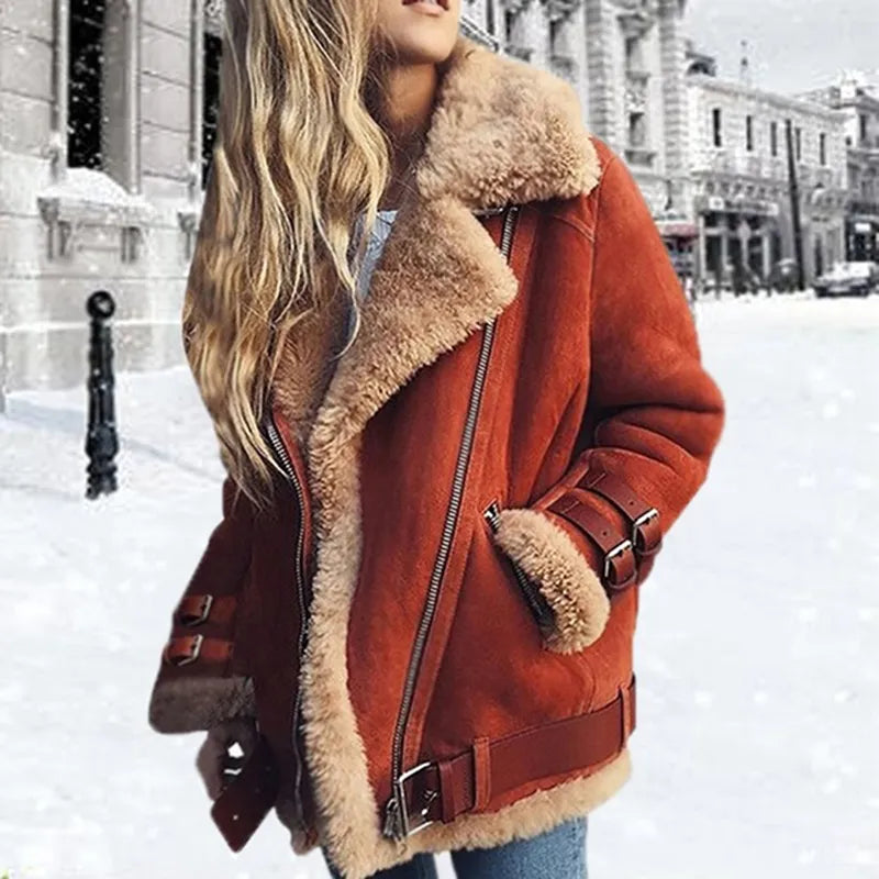 Modna damska kurtka zimowa z designerskimi klamrami. Ciepłe okrycie wierzchnie, idealne na stylowe wyjścia.