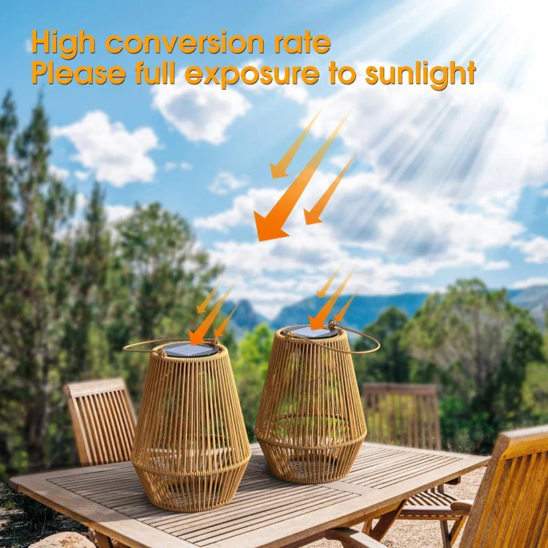Ekologiczna solarna lampa ogrodowa LED SunWeave, ręcznie tkana. Idealna dekoracja na taras i balkon.