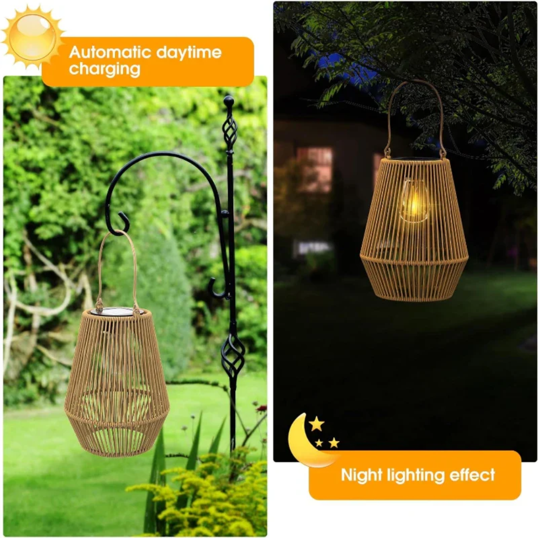 Ręcznie tkana lampa solarna SunWeave LED, imitacja ratanu. Stwórz nastrojowe oświetlenie ogrodu.