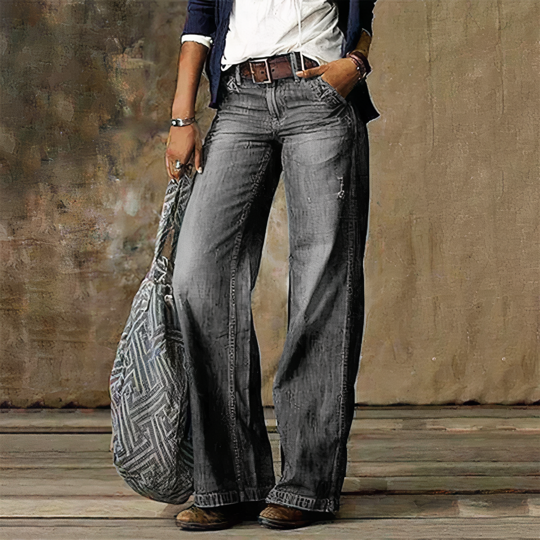 Modelka w damskich dżinsach retro Aurora z wysokim stanem, casualowy styl, komfort i moda vintage.